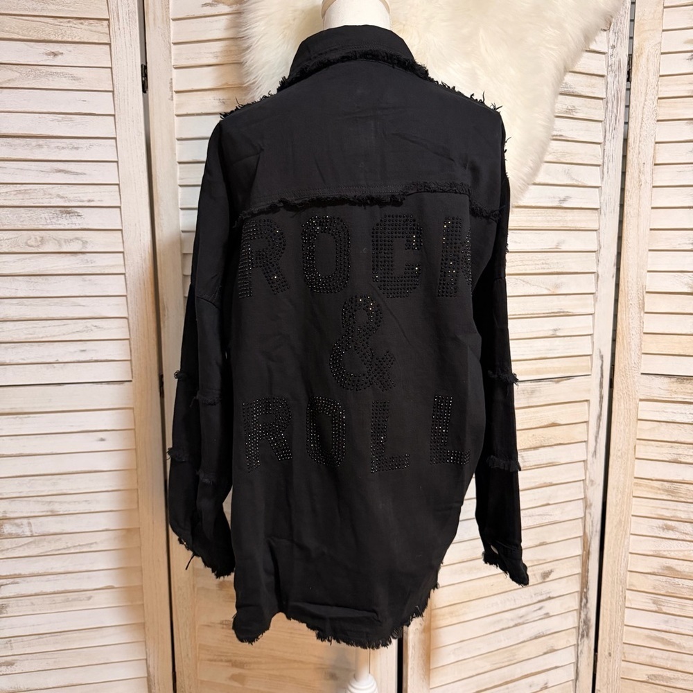 Elan Black Rhinestone Frayed Button-Up Jacket - Picture 8 of 9